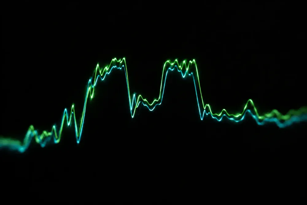 Two glowing green and cyan lines tracing the CPU load of a RISC-V virtual machine over ten minutes, on a black background.